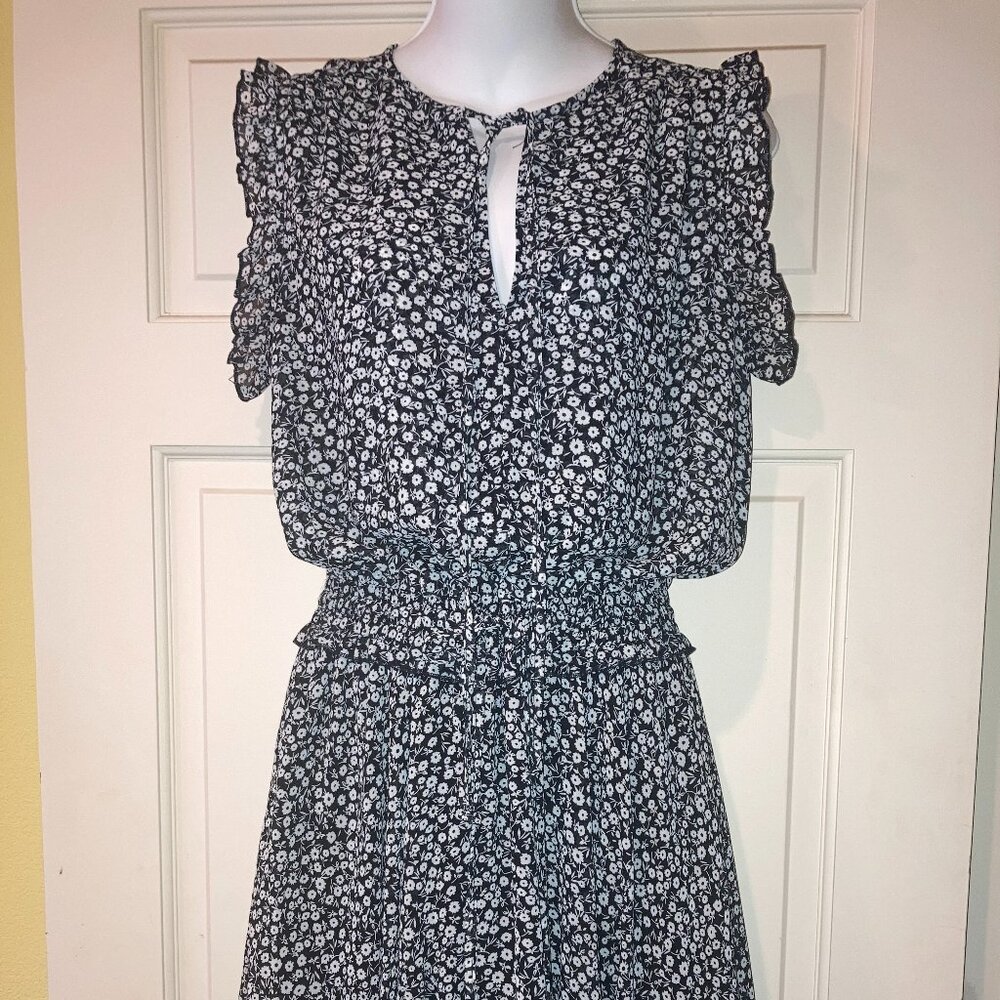 Flirty Dress L 12 14 Floral Black White Ruffle Cap sleeve smocked waist by PINCH